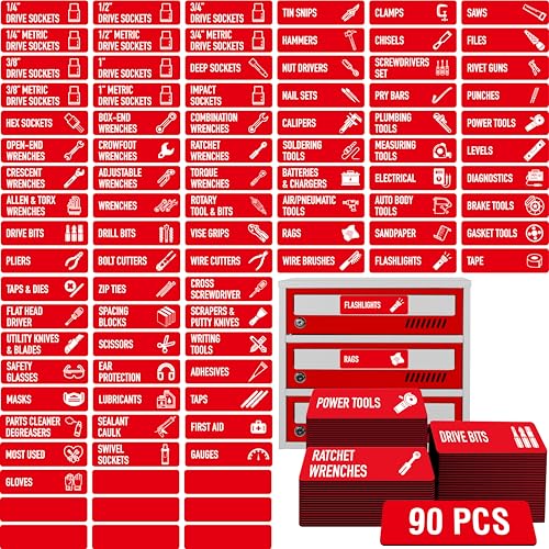 90 Stück Magnetische Werkzeugkasten-Etiketten, 82 Vorgefertigte & 8 Leere, Große Werkzeugkisten-Organizer-Etiketten, Starke Magnetkraft & Gut Lesbar für Alle Werkzeugkästen, Schubladen (Rot) von Vantasii