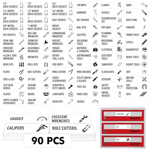 90 Stück Magnetische Werkzeugkasten-Etiketten, 82 Vorgefertigte & 8 Leere, Große Werkzeugkisten-Organizer-Etiketten, Starke Magnetkraft & Gut Lesbar für Alle Werkzeugkästen, Schubladen (Weiß) von Vantasii