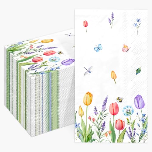 100 Stück Tulpen-Lavendel-Gästeservietten, Frühling, Sommer, blühende Blumen, Einweg-Handtücher für Badezimmer, Gästehandtücher, Papierservietten, dekorative Abendessenservietten für Ostern, von Vanulus