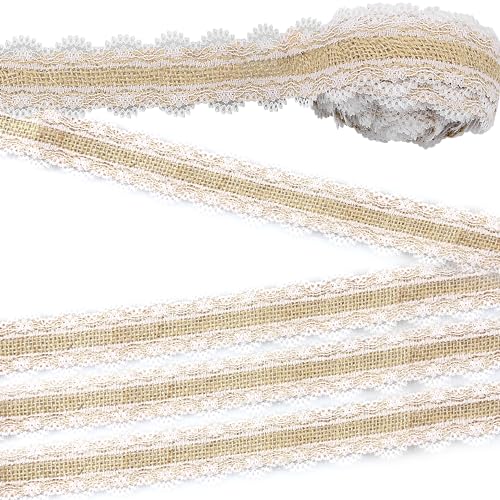 Vanyibro Spitzenband und Juteband-Set, 4 m Jute, Bastelband, 2,5 cm breit, weiße Spitze, DIY, handgefertigt, Hochzeit, Basteln, Spitzenleinen von Vanyibro