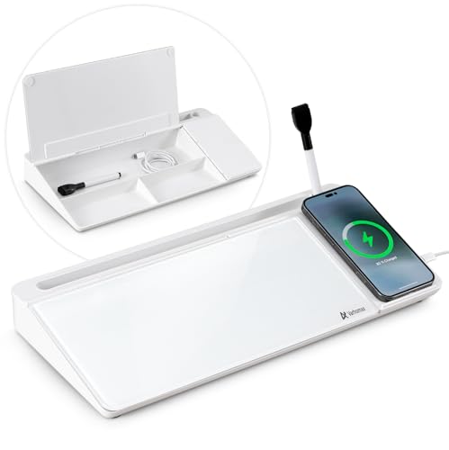 Varhomax Glas-Schreibtisch-Whiteboard mit kabellosem Ladegerät, trocken abwischbare Whiteboard mit Aufbewahrung, Schreibtischtafel, Buddy To-Do-Liste, Notizblock für Zuhause und Büro von Varhomax