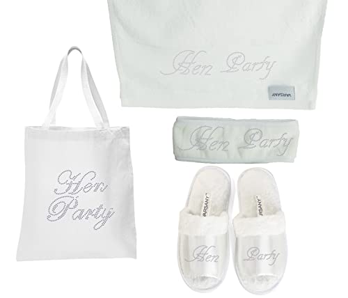 4er-Set von Varsany mit glitzernder Braut-Tasche, Hausschuhe, Handtuch und Haarband für Flitterwochen und Junggesellinnenabschied Hen Party von Varsany