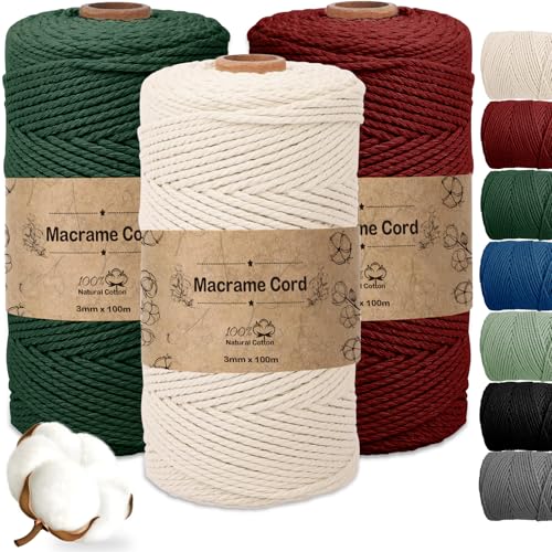 Vautvis 3 Stück Makramee Garn 3mm, Makramee Garn Set, 300g/100 M Rope Garn, Makramee Wolle, 100% Baumwolle, Baumwollkordel, Baumwoll Bastelschnur Für Basteln Stricken Boho Deko DIY Handwerk (A) von Vautvis