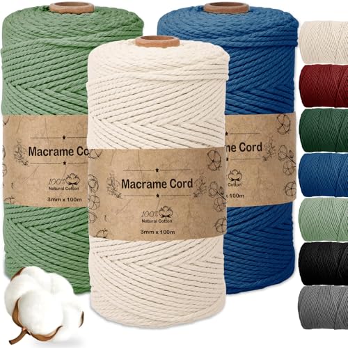 Vautvis 3 Stück Makramee Garn 3mm, Makramee Garn Set, 300g/100 M Rope Garn, Makramee Wolle, 100% Baumwolle, Baumwollkordel, Baumwoll Bastelschnur Für Basteln Stricken Boho Deko DIY Handwerk (B) von Vautvis