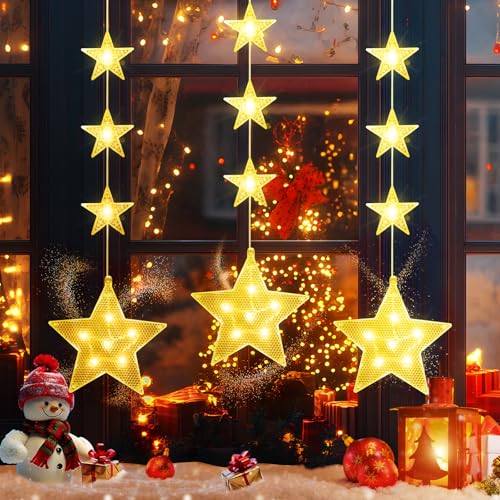 Vautvis Beleuchtet Led Fensterdeko, 3 Stück Weihnachtsdeko Fenster Beleuchtet, Weihnachtsbeleuchtung Fenster Batterie Stern Fenster Beleuchtet Stern Hängeleuchten Vorhang Lichter Fensterbeleuchtung von Vautvis