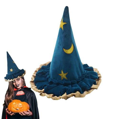 Vbnuyhim Halloween Hexenhut | Breite Krempe Taper Spire Männer Zauberer Spitzhut Halloween Kostüm Hexenhut Mondmuster Damen Breite Krempe Zauberer Hut Mode Blau Spitzhut für von Vbnuyhim