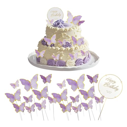 21 Stück Schmetterlinge Kuchen Deko Geburtstag Tortendeko 3D Dreidimensional Schmetterlinge Deko Torte Cupcake Topper Tortenaufleger (Lila) von Vbxvsa