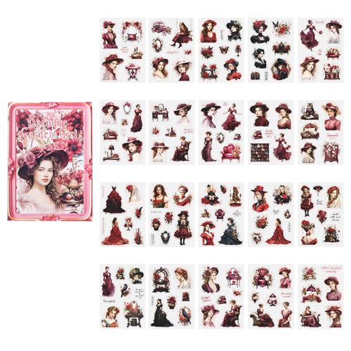 Vbxvsa 20 Blätter Scrapbooking Sticker Barock Garten Girl Scrapbook Papier Dunkelrote Rose Aesthetic Washi Tape Set Viktorianischen Vintage Stil Aufkleber Zubehör von Vbxvsa