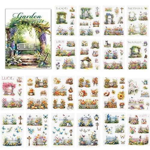 Vbxvsa 20 Blätter Vintage Scrapbook Sticker Sets Wald Baumhaus Sonnenblume Kürbis Tagebuch Aufkleber Mein geheimer Garten Serie PET Sticker Book von Vbxvsa