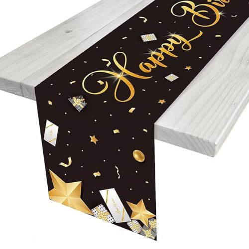 Vbxvsa Geburtstag Tischdecke Schwarz Gold Tischläufer Happy Birthday Deko Tischtuch Leinen Tischfahne 182x33cm Party Geburtstagsdeko von Vbxvsa