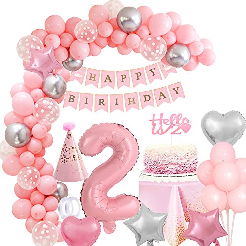 2.Geburtstag Mädchen Rosa Geburtstagsdeko 2Jahr Mädchen, Luftballon Geburtstag Mädchen 2 Deko Happy Birthday Girlande Dekoration Rosa Ballon 2 Folienballon für Mädchen 2.Geburtstag Mehrweg von Vcumter