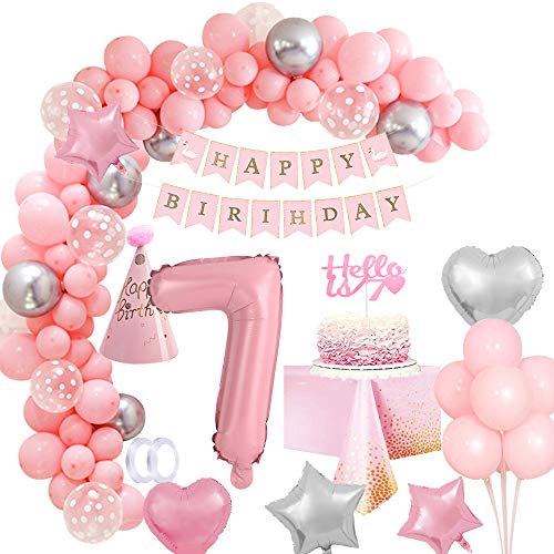 7.Geburtstag Mädchen Rosa Geburtstagsdeko 7Jahr Mädchen, Luftballon Geburtstag Mädchen 7 Deko Happy Birthday Girlande Dekoration Rosa Ballon 7 Folienballon für Mädchen 7.Geburtstag Mehrweg von Vcumter