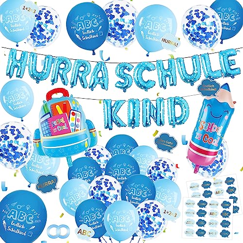 Einschulung Deko Set für Jungen, Einschulung Junge Deko, Blaue Schulkind 2023 Junge Deko Einschulung Jungen, Deko Schulanfang Jungen, HURRA SCHULKIND, Konfetti Schulanfang Schuleinführung Deko von Vcumter