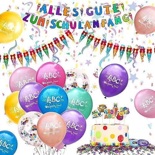 Einschulung Deko Mädchen Junge, Einschulung Deko Schulanfang mit Konfetti Luftballons ABC Zuckertüte Schuleinführung Schulanfang Luftballons Girlande Banner für Schuleinführung Deko Jungen Mädchen von Vcumter