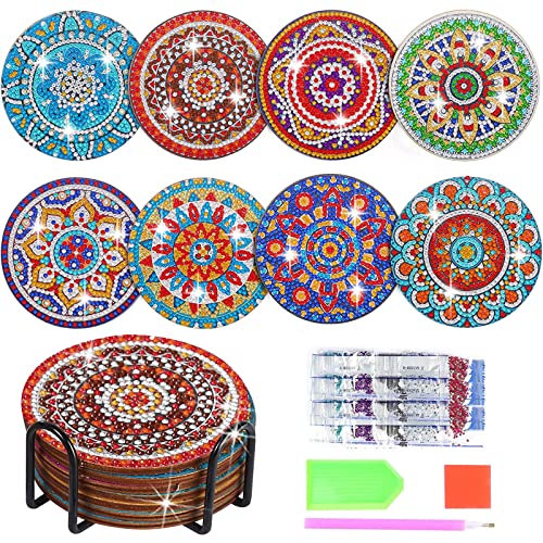 Vecibel 8 STK Diamond Painting Untersetzer mit Halter, DIY 5D Diamond Art Painting Mandala Diamond Painting Erwachsene Diamant-Malsets, DIY-Mandala-Untersetzer zum Basteln Erwachsene, 15*12*6cm von Vecibel