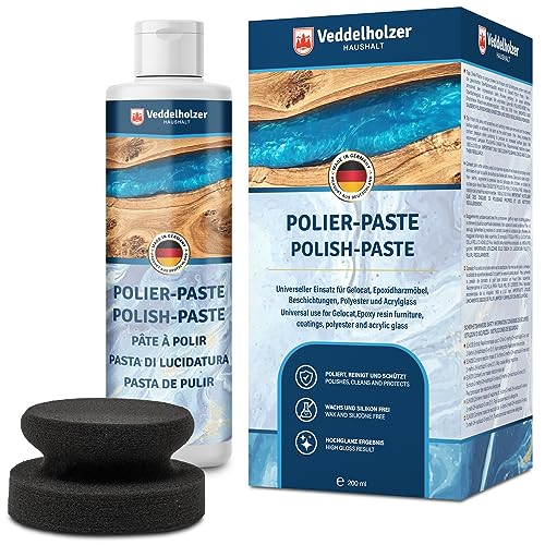 Veddelholzer 200 ml Profi Polierpaste + Polierschwamm für Epoxidharz Möbel Tisch, Acrylglas, Polyester, Gelocat sowie Glasfaser und Carbonfaserverstärkte Kunststoffe. Hochglanz Zubehör von Veddelholzer