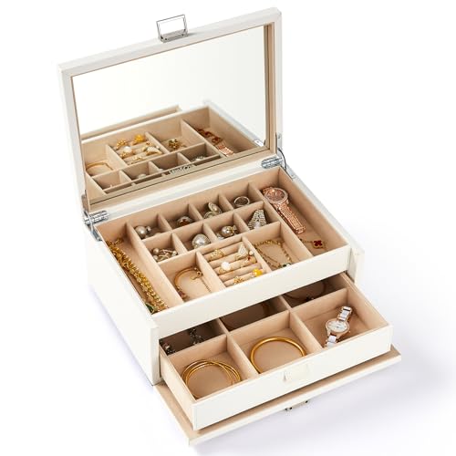 Vee Schmuckkästchen,2 Ebenen Schmuckaufbewahrung mit großer Spiegel,Schmuckschatulle Schmucktablett mit Deckel,PU Leder Schmuck Organizers mit Schubladen,Geschenkbox für Damen Mädchen(Weiß) von Vee&In.