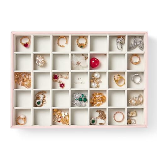 Vee Schmuckkästchen,Schmuckaufbewahrung,35 kleine Fächer,Große Schmuckschatulle,Schmucktablett Stapelbar,PU Leder Schmuck Organizers,Geschenkbox für Mädchen Frauen,Rosa,30x21x3,8cm von Vee&In.