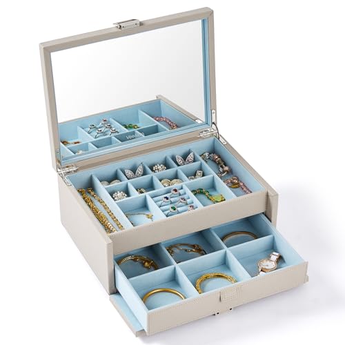 Vee Schmuckkästchen,Schmuckaufbewahrung mit großer Spiegel,2 Ebenen Schmuckschatulle Schmuckkasten mit Deckel,PU Leder Schmuck Organizers mit Schubladen,Geschenkbox für Damen Mädchen(Grau) von Vee&In.