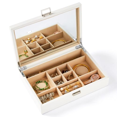 Vee Schmuckkästchen,Schmuckaufbewahrung mit großer Spiegel,Schmuckschatulle Schmuckkasten mit Deckel,PU Leder Schmuck Organizers,Geschenkbox für Damen Mädchen Frauen(Weiß) von Vee&In.