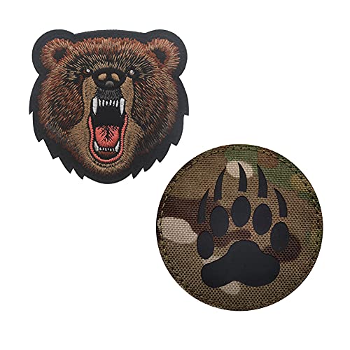 2 Stück Angry Growling Bear Head Embroidered Patch Bear Claw Tracker Paw Reflective Tactical Armbands Badges DIY Applique Shoulder Gift Emblem (Set B) von Veelkrom