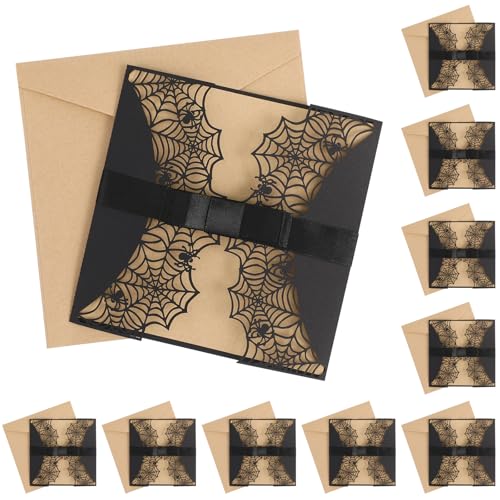 10st Halloween Einladungen Karte Spiderweb Design-Karten Mit Bowknots Umschlägen Geschnittene Hohle Party-Einladungen Karten (Schwarz) von Veemoon