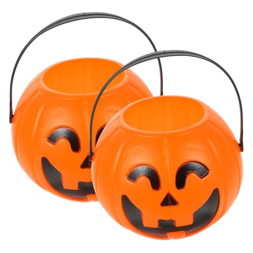 Veemoon 2 Stück 17 Cm Große Halloween Kürbiseimer Aus Kunststoff Mit Griffen - Ideal Für Süßes Oder Saures - Perfekt Als Süßigkeitenhalter Für An Halloween von Veemoon