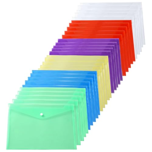 Ordner für Dokumente 30pcs Poly Envelope -Ordner mit Snap -Taste -Verschluss, Kunststoffumschlägen, hochwertige Kunststoffumschläge, transparentes Projektumschlagsordner, A4 -Buchstaben (6 Farbe von Veesper