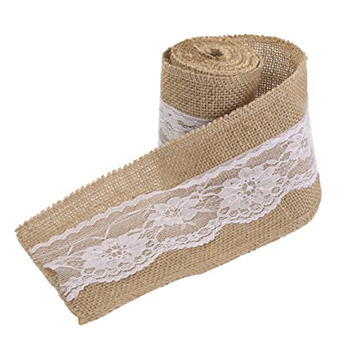 Sackleinenband weiße Spitze Jute Spitze Ribbon Roll DIY Bastelband Natural Ribbon Rolllappen Ribbon Roll mit weißer Spitze für Hochzeitsbraun 15 * 240 cm von Veesper