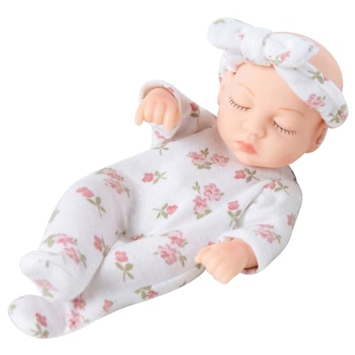 Veesper Mini -Babypuppe, 7 Zoll weiche Vinyl Neugeborene Puppen, realistische winzige Silikon -Babypuppe mit blumigen Kleidung tragbare Mini -Silikonpuppen realistisch für Kindergeschenke von Veesper