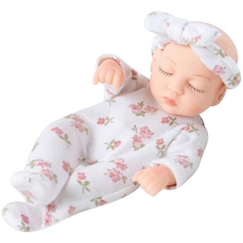 Veesper Mini -Puppen, 7 Zoll weiche Vinyl Neugeborene realistische Babypuppe, winzige Silikon -Babypuppe mit blumigen Kleidung tragbare Mini Silicone Babypuppen für Kindergeschenke von Veesper