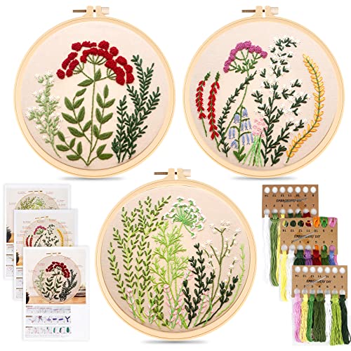 3er Anfänger Stickerei Set, Vegena Stickerei Kreuzstich Set Stickrahmen Set Embroidery Starter Kit Runde Einstellbare Stickerei Tool Kit Embroidery Kit mit 3 Stück Blumenmuster Pflanzen Kreuzstich-Kit von Vegena