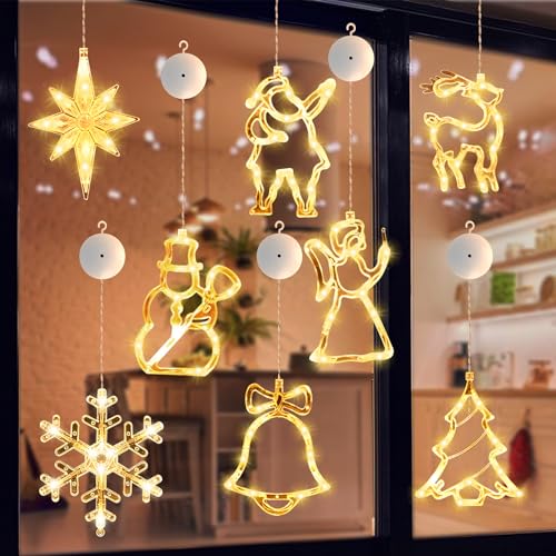 8 Arten Weihnachtsbeleuchtung Fenster, Weihnachtsdeko Lichterkette Batterie mit Saugnäpfe, LED Weihnachtsbeleuchtung, Weihnachtsdeko Innen Fenster, für Weihnachten Deko, Balkon, Party, Hochzeit von Vegena