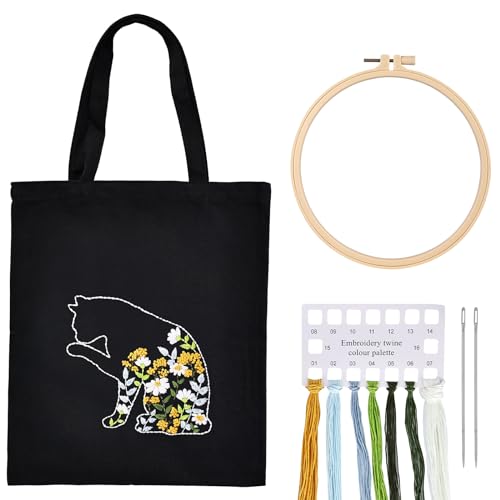 Canvas Tote Bag Stickset, Stickerei Kit für Anfänger Erwachsene, Canvas Tasche Stickerei Set, Kreuzstich-Set für Erwachsene, Sticktasche mit Blumenmuster, Bambus Stickrahmen Farbfäden und Werkzeug von Vegena