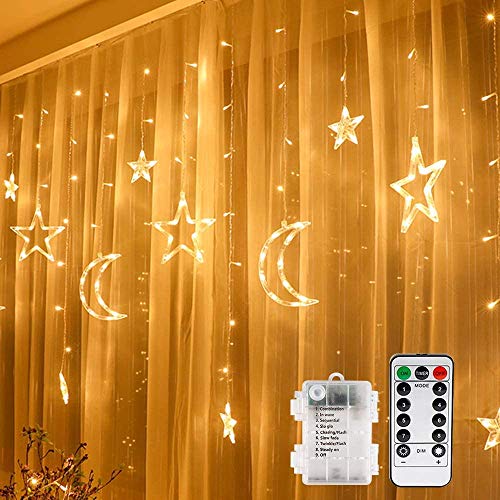 LED Lichtervorhang Lichterkette, Vegena 3.5M Sterne Mond LED Fenstervorhang Lichter Batteriebetriebene mit Fernbedienung 8 Blinkenden Modi, für Garten Haus LED Sternenvorhang Dekorative Warmweiß von Vegena