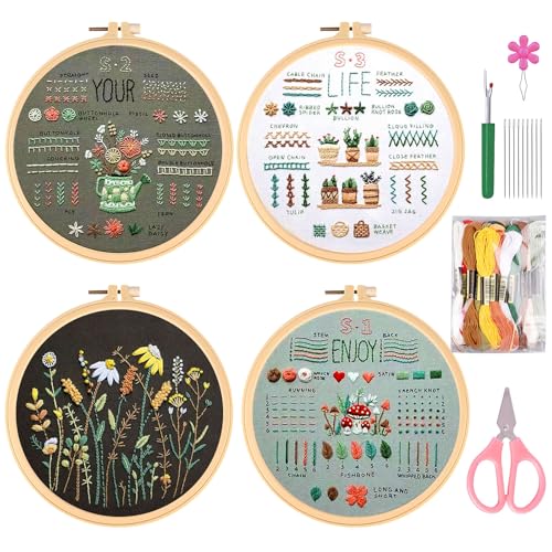 Stickset Embroidery Kit 4 Stück, Stickerei Set Anfänger, Sticken Set Erwachsene, Stick Sets zum Sticken Anfänger Stickbilder Vorgedruckt Kreuzstich mit Blumenmuster für DIY Kunst, Handwerk von Vegena