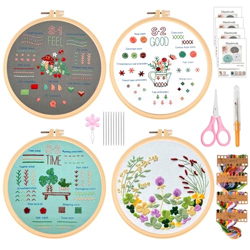 Vegena 4 Stück Anfänger Stickerei Set, Stickerei Set, Stickset Für Anfänger Blumenmuster Pflanzen Kreuzstich-Kit Kreuzstich Set Mit Farbfäden Und Werkzeugen Für Diy Kunst, Handwerk von Vegena