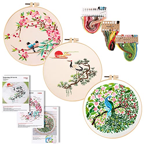 Vegena Anfänger Stickerei Set, 3 Sets Handmade Embroidery Starter Kit,Kreuzstich-Set Embroidery Starter Kit,Runde Einstellbare Stickerei Tool Kit,Kreuzstich Kits mit 3 Stickereien floralen Tiermustern von Vegena