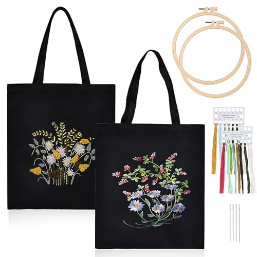 Vegena Canvas Tote Bag Stickset, 2 Sätze Stickset Tasche, Schwarze Stickset Tragetasche Mit Stickerei Tasche, Stickrahmen, Farbfäden, Werkzeug Und Anleitungen, Embroidery Kit Für DIY-Bastelarbeiten von Vegena