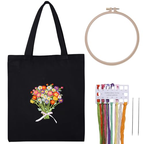 Vegena Canvas Tote Bag Stickset, Stickerei Kit für Anfänger Erwachsene, Canvas Tasche Stickerei Set, Kreuzstich-Set für Erwachsene, Sticktasche mit Blumenmuster, Bambus Stickrahmen Farbfäden (Blume) von Vegena