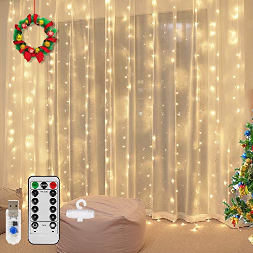 Vegena LED Lichtervorhang 300 LEDs,3m x 3m LED USB Lichterkettenvorhang 8 Modi Wasserfall Lichterketten Vorhang für Partydekoration Schlafzimmer Weihnachten Innenbeleuchtung Deko Warmweiß (Warmweiß) von Vegena