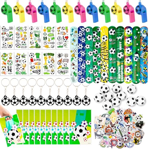 110Stk Fußball Mitgebsel Kindergeburtstag Gastgeschenke mit Schnapparmband Flummis Schlüsselanhänger Tattoos Aufkleber Geschenktüten Fussball Party Mitbringsel Geburtstag Give Aways für Kinder von Veilhoho