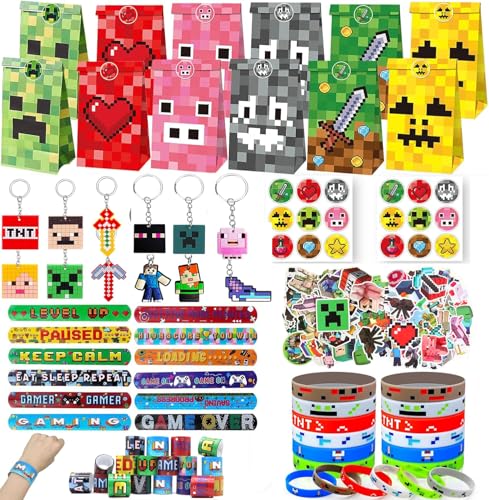 Veilhoho 98Stk Miner Videospiel Party Mitgebsel Kindergeburtstag mit Schlüsselanhänger Schnapparmband Silikonarmband Aufkleber Geschenktüten Gastgeschenke Geburtstag Give Aways für Kinder Junge von Veilhoho