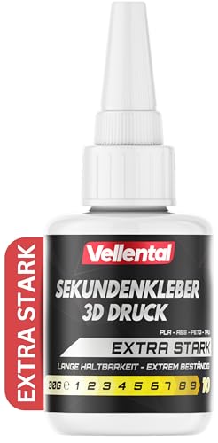 Sekundenkleber 3D Druck Gel für PLA, ABS, PETG, TPU Filament extra stark 30g - 3D Drucker Kleber wasserfest, hitzebeständig & mit Nadel Verschluss gegen Austrocknung - 3d Druck Zubehör von Vellental