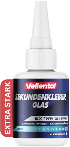 Sekundenkleber Gel Glas extra stark - Glaskleber transparent wasserfest, hitzebeständig & mit Nadel Verschluss gegen Austrocknung - Glas Kleber zum Verkleben von Glas & Acrylglas aller Art von Vellental