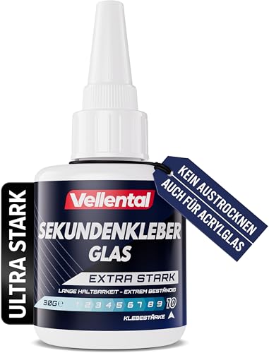 Sekundenkleber Gel Glas extra stark - Glaskleber transparent wasserfest, hitzebeständig & mit Nadel Verschluss gegen Austrocknung - Glas Kleber zum Verkleben von Glas & Acrylglas aller Art von Vellental