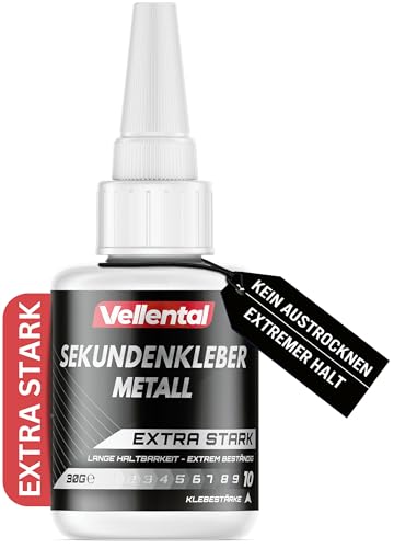 Sekundenkleber Gel Metall extra stark 30g - Metallkleber wasserfest, hitzebeständig & mit Nadel Verschluss gegen Austrocknung - Metall Kleber zum Verkleben von Metallen aller Art von Vellental