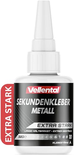 Sekundenkleber Gel Metall extra stark 30g - Metallkleber wasserfest, hitzebeständig & mit Nadel Verschluss gegen Austrocknung - Metall Kleber zum Verkleben von Metallen aller Art von Vellental