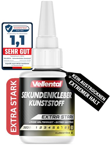 Sekundenkleber Gel für Kunststoff extra stark 30g wasserfest, hitzebeständig & mit Nadel Verschluss gegen Austrocknung - Kunststoffkleber, Plastik Kleber für Kunststoff, Acrylglas von Vellental