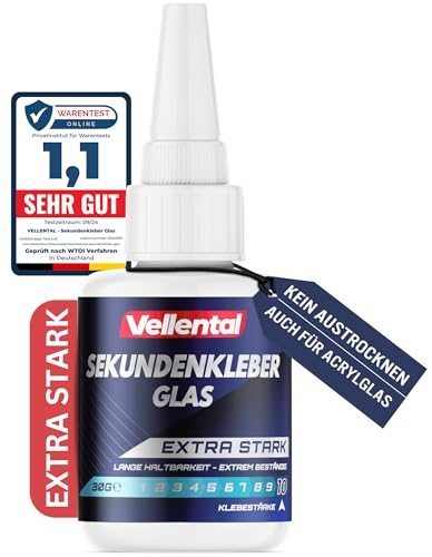 Sekundenkleber Glas extra stark - Glaskleber transparent wasserfest, hitzebeständig & mit Nadel Verschluss gegen Austrocknung - Glas Kleber zum Verkleben von Glas & Acrylglas aller Art von Vellental